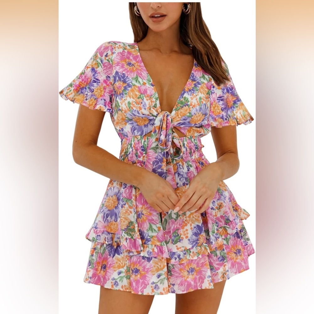 Summer floral dress, knot front ruffled dress